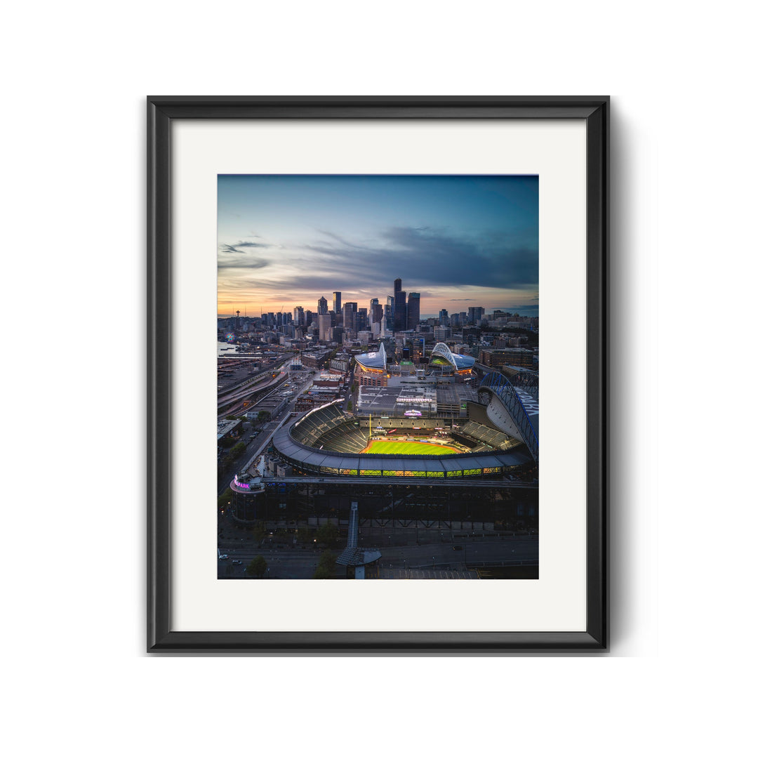 Chris Fabregas Fine Art Photography Seattle Skyline Aerial Photo – Sunset with T-Mobile Park & Lumen Field Wall Art print High-quality fine art photography print