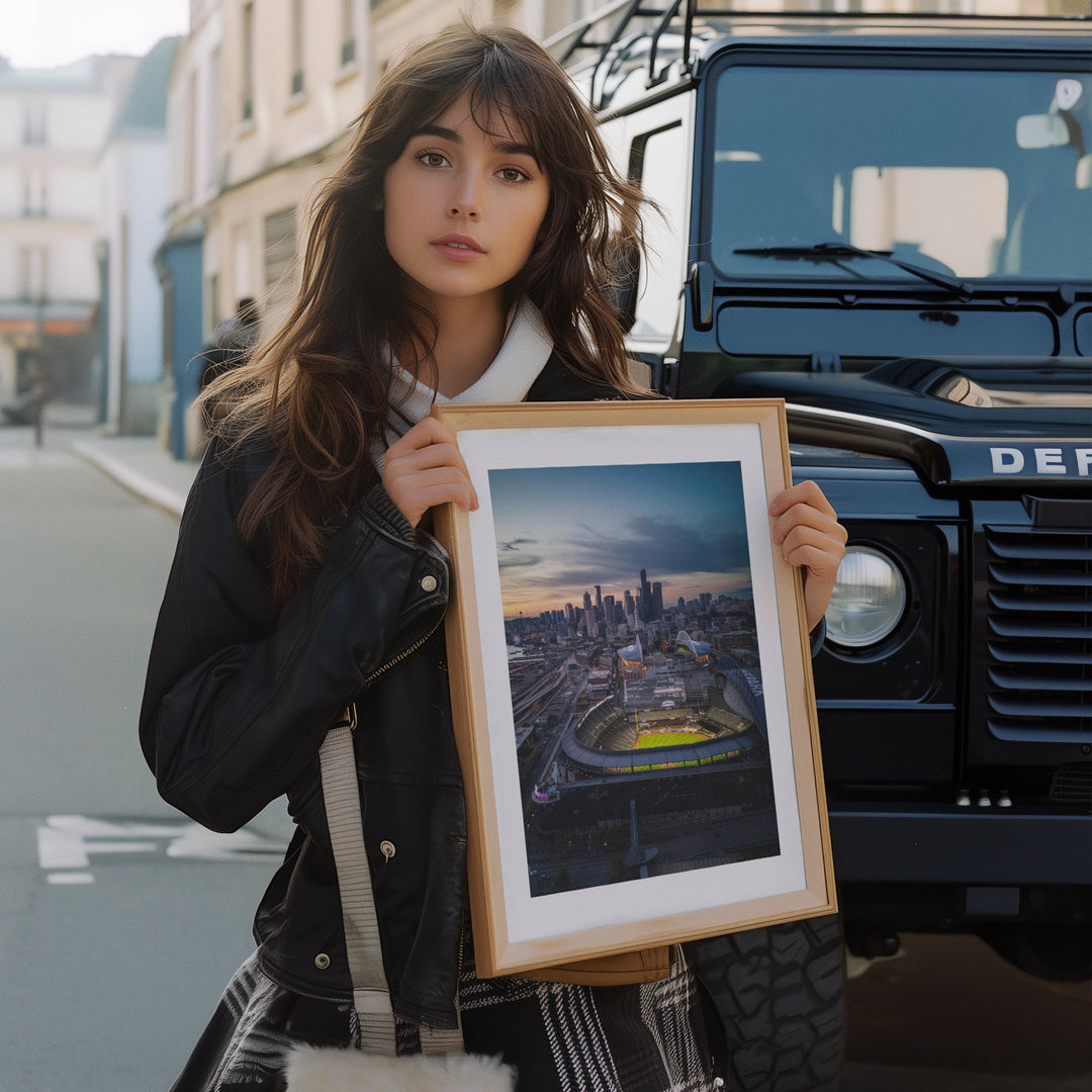Chris Fabregas Fine Art Photography Seattle Skyline Aerial Photo – Sunset with T-Mobile Park & Lumen Field Wall Art print High-quality fine art photography print