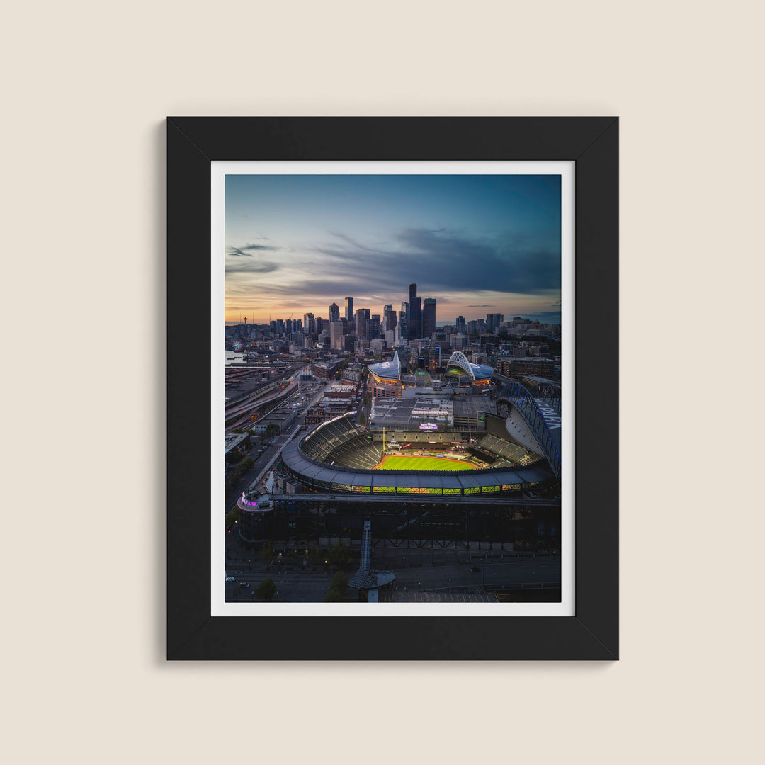 Chris Fabregas Fine Art Photography Seattle Skyline Aerial Photo – Sunset with T-Mobile Park & Lumen Field Wall Art print High-quality fine art photography print