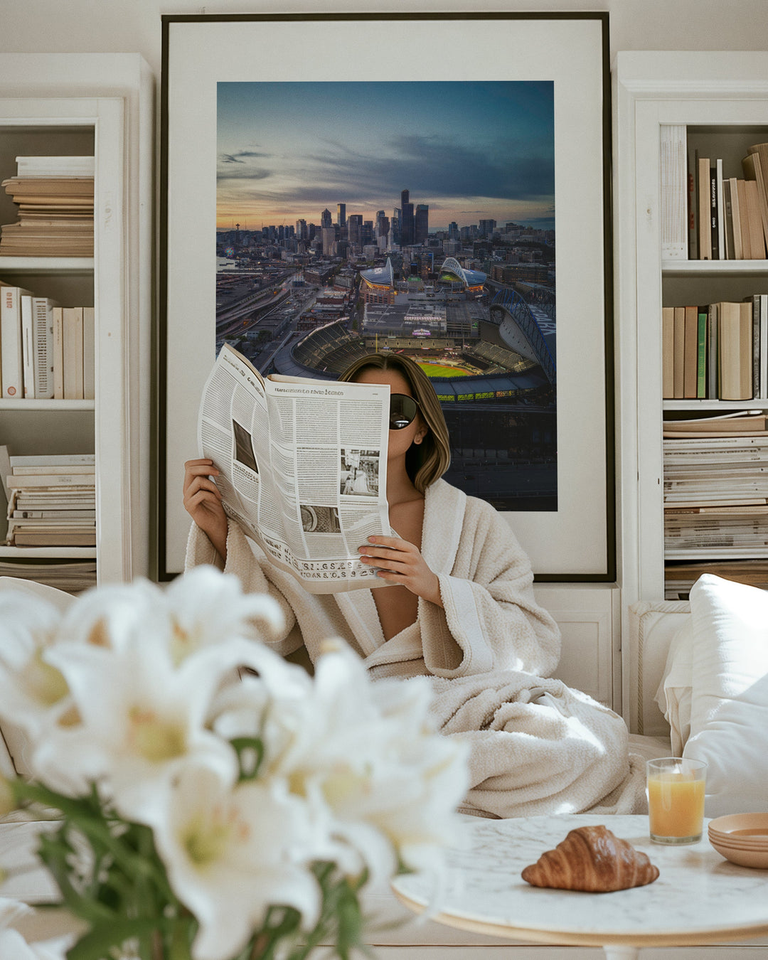 Chris Fabregas Fine Art Photography Seattle Skyline Aerial Photo – Sunset with T-Mobile Park & Lumen Field Wall Art print High-quality fine art photography print