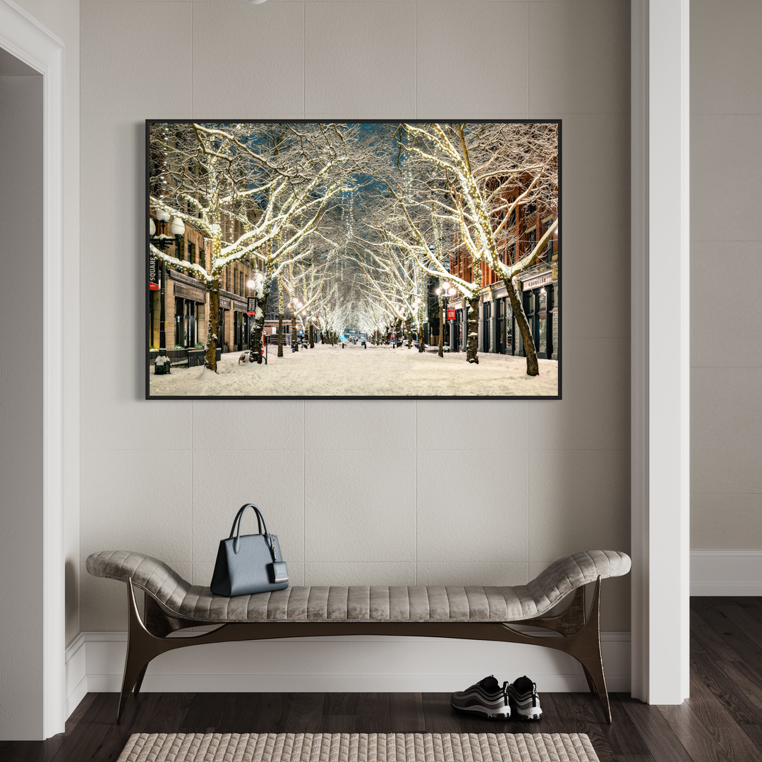 Chris Fabregas Photography Metal, Canvas, Paper Snowy Pioneer Square Seattle Print – Limited Edition Winter Cityscape Art Wall Art print High-quality fine art photography print
