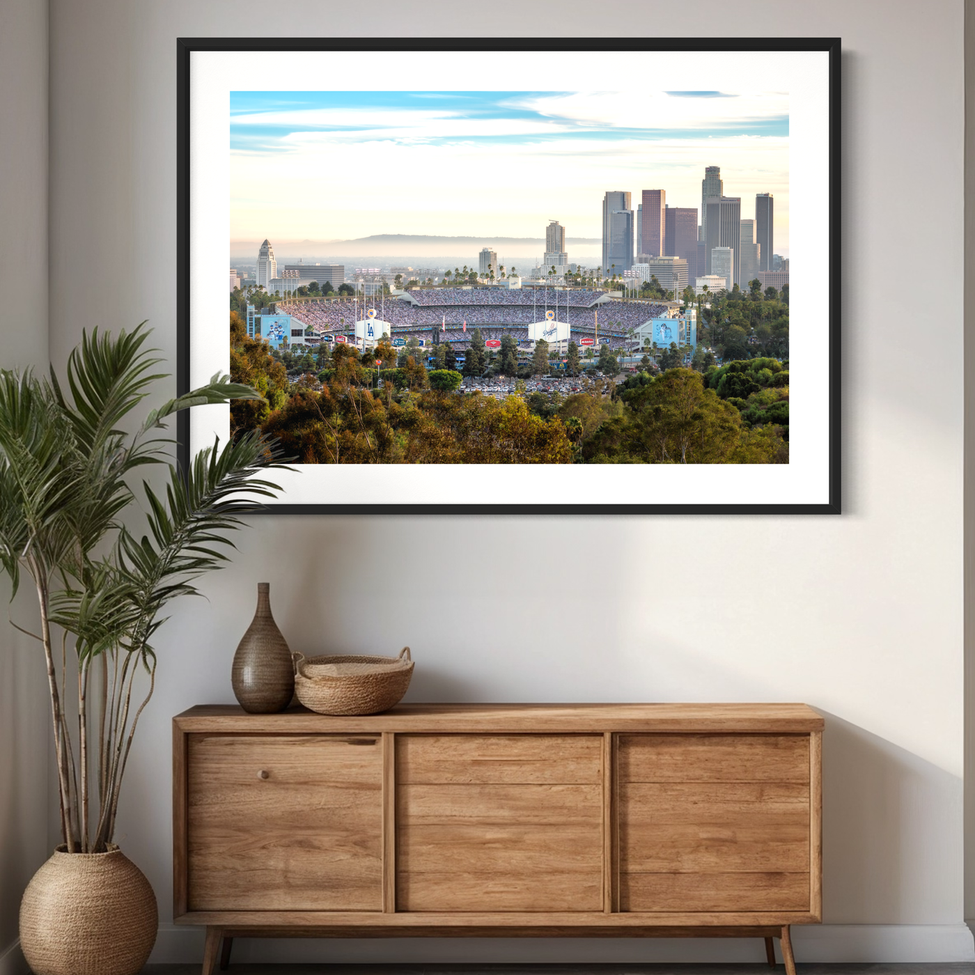 Dodger Stadium 2024 World Series LA Skyline Fine Art Print displayed in a styled room interior 4