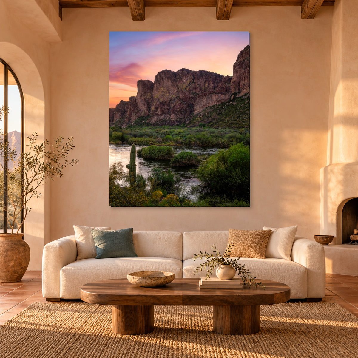 Arizona desert river and sunrise photography print displayed in an adobe living room, without a frame; room mockup.