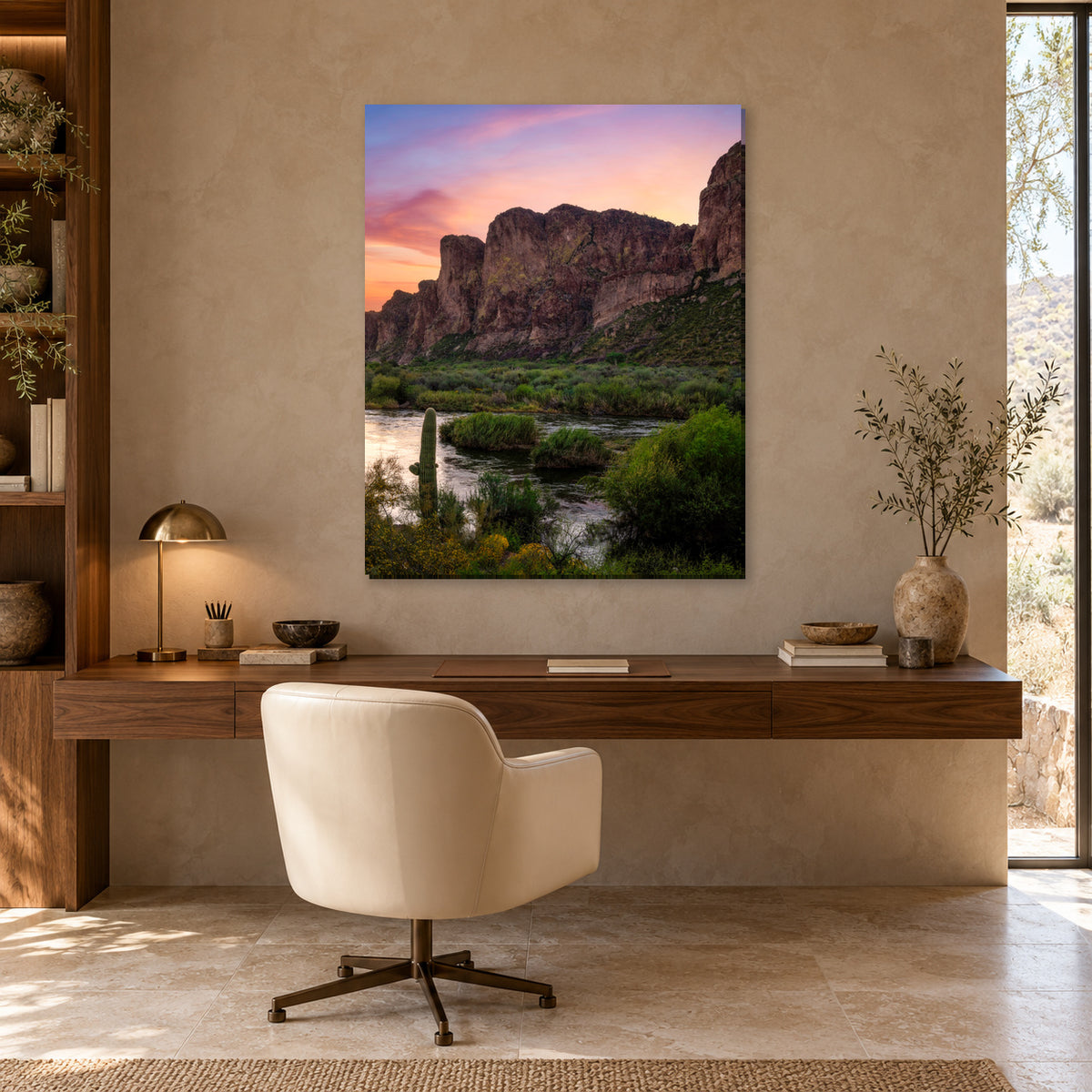 Arizona desert river and sunrise photography print displayed in a desert office, without a frame; room mockup.