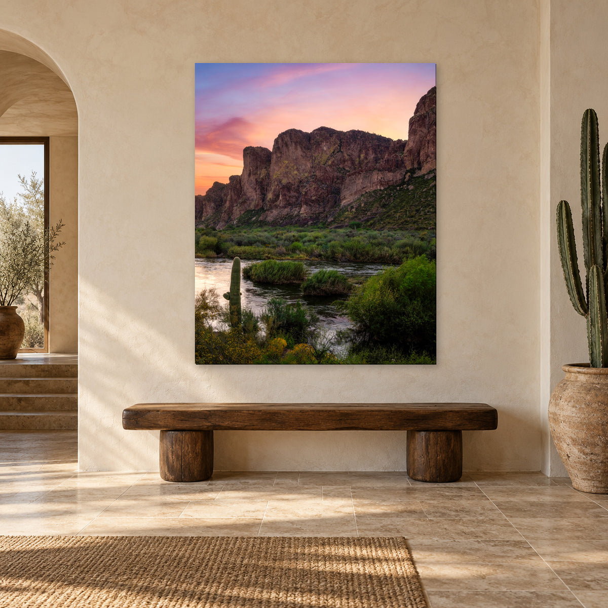 Arizona desert river and sunrise photography print displayed in an arched entryway, without a frame; room mockup.