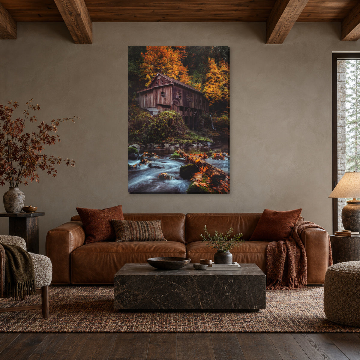 Autumn grist mill photography print displayed in a cedar lodge living room, without a frame; room mockup.