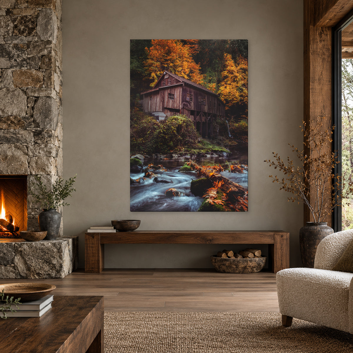 Autumn grist mill photography print displayed in a stone hearth room, without a frame; room mockup.