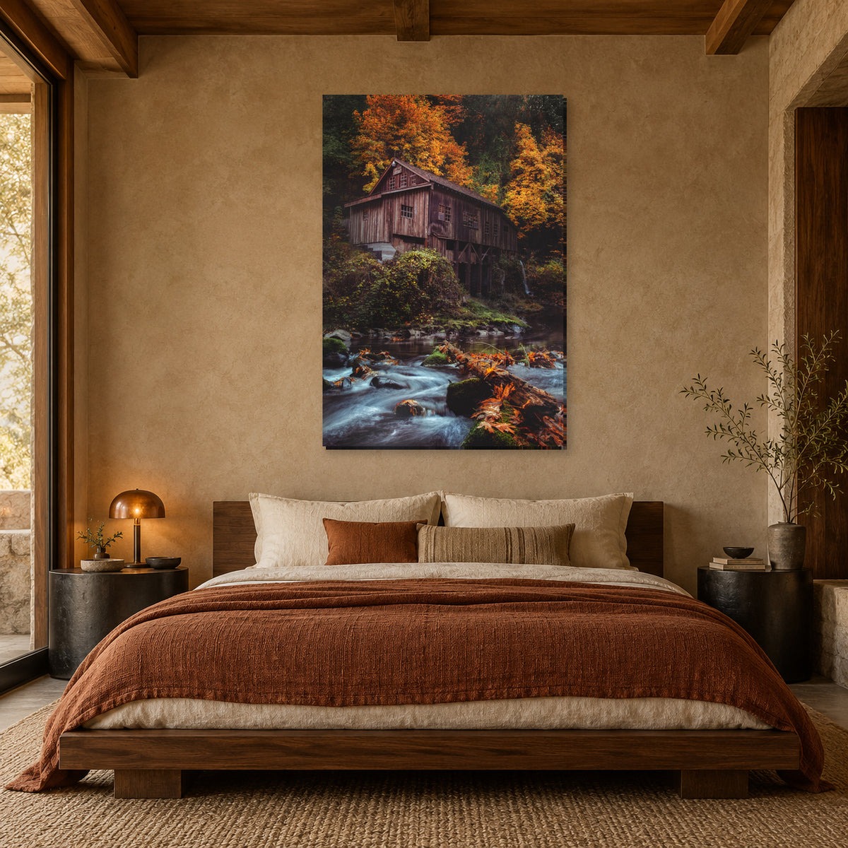 Autumn grist mill photography print displayed in a rust bedroom, without a frame; room mockup.