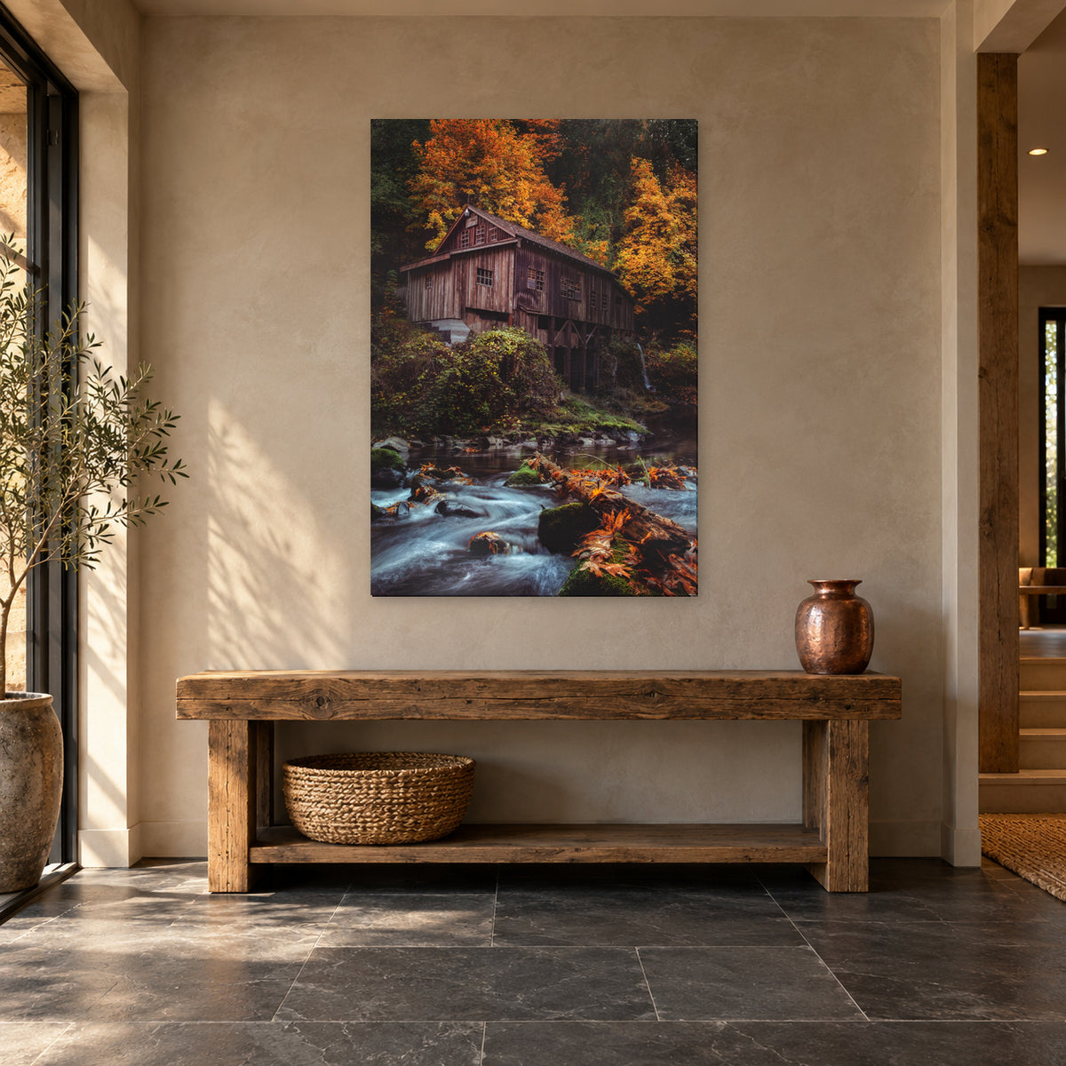 Autumn grist mill photography print displayed in a slate entry hall, without a frame; room mockup.