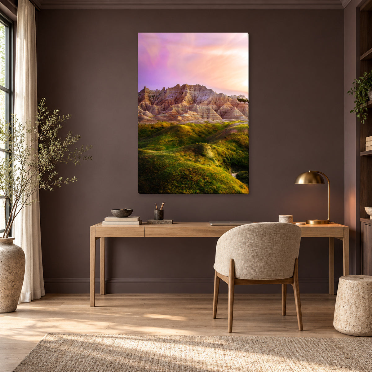 South Dakota Badlands photography print displayed in a plum home office, without a frame; room mockup.