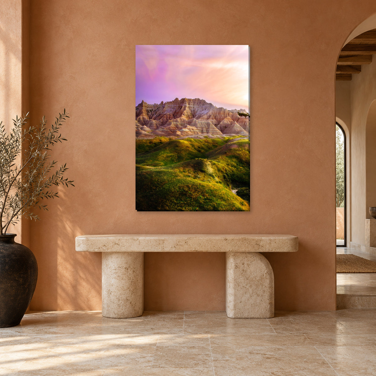South Dakota Badlands photography print displayed in a terracotta entry, without a frame; room mockup.