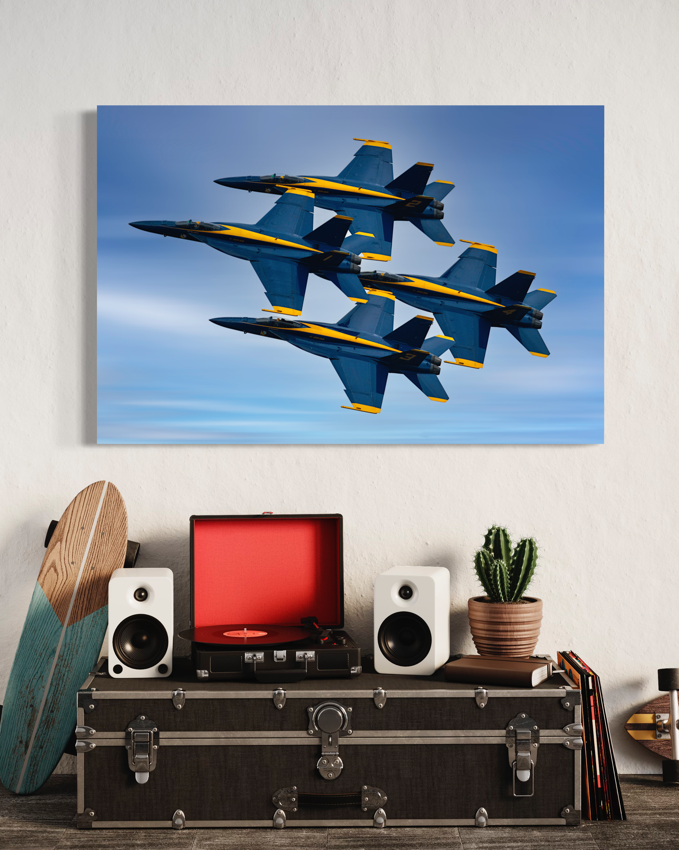 Blue Angels Jet Formation Fine Art Aviation displayed in a modern room interior
