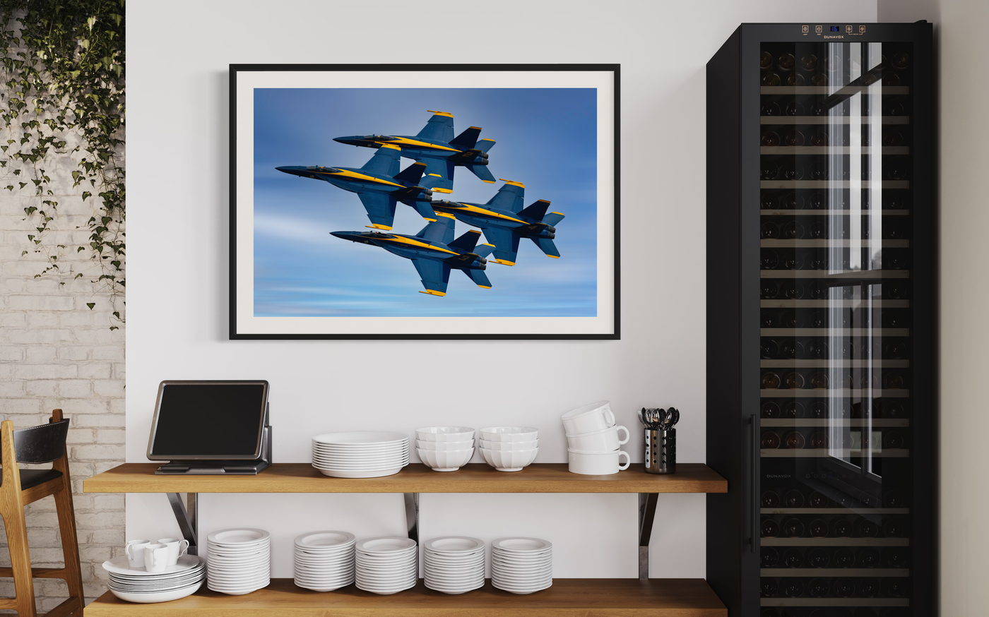 Blue Angels Jet Formation Fine Art Aviation displayed in a contemporary room interior