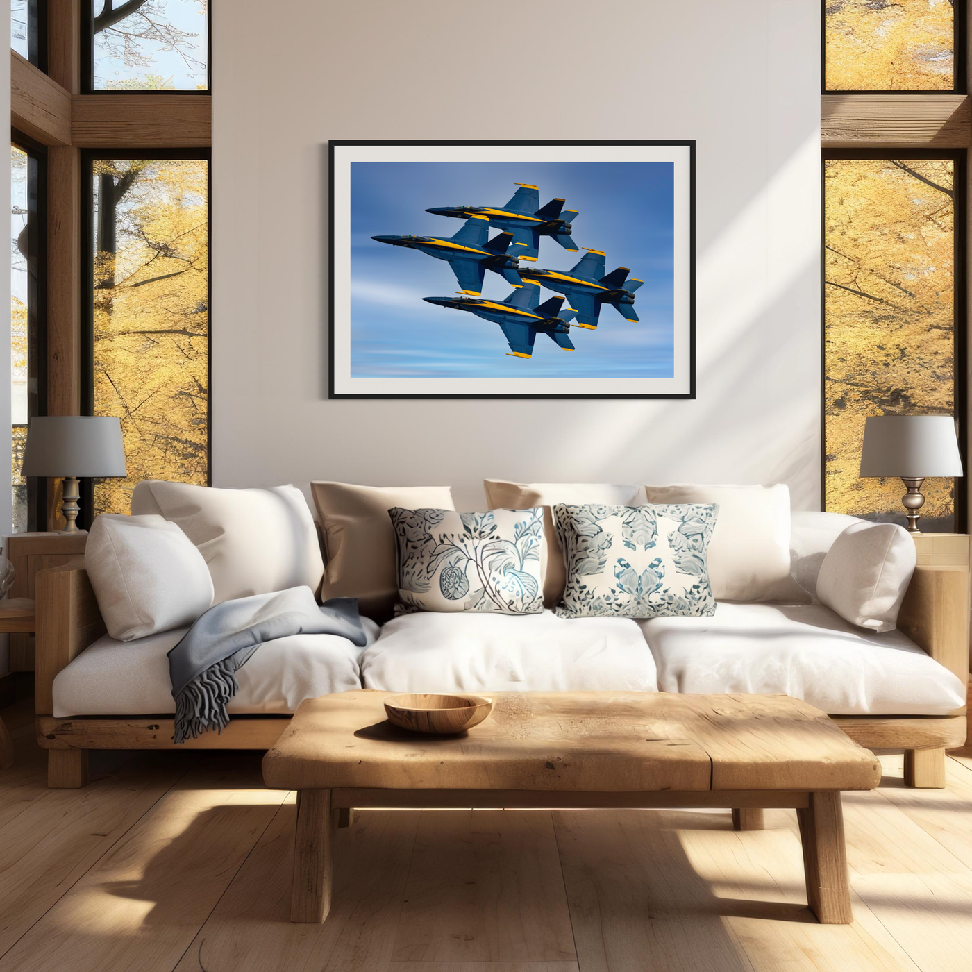 Blue Angels Jet Formation Fine Art Aviation displayed in a refined room interior