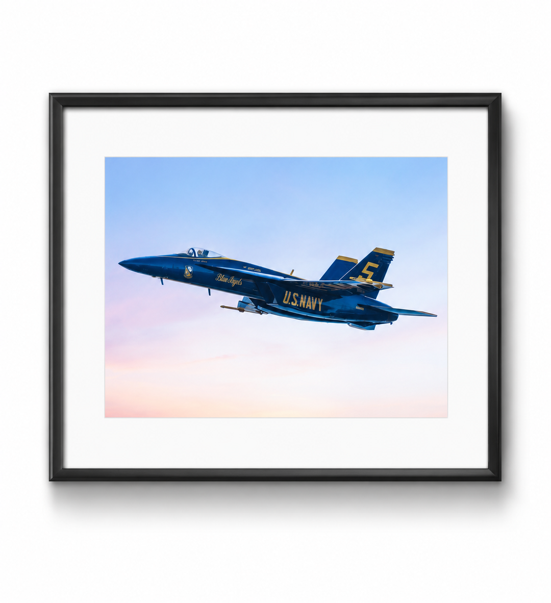 Blue Angels Jet #5 Flyover Fine Art Aviation Print in a black frame with white mat