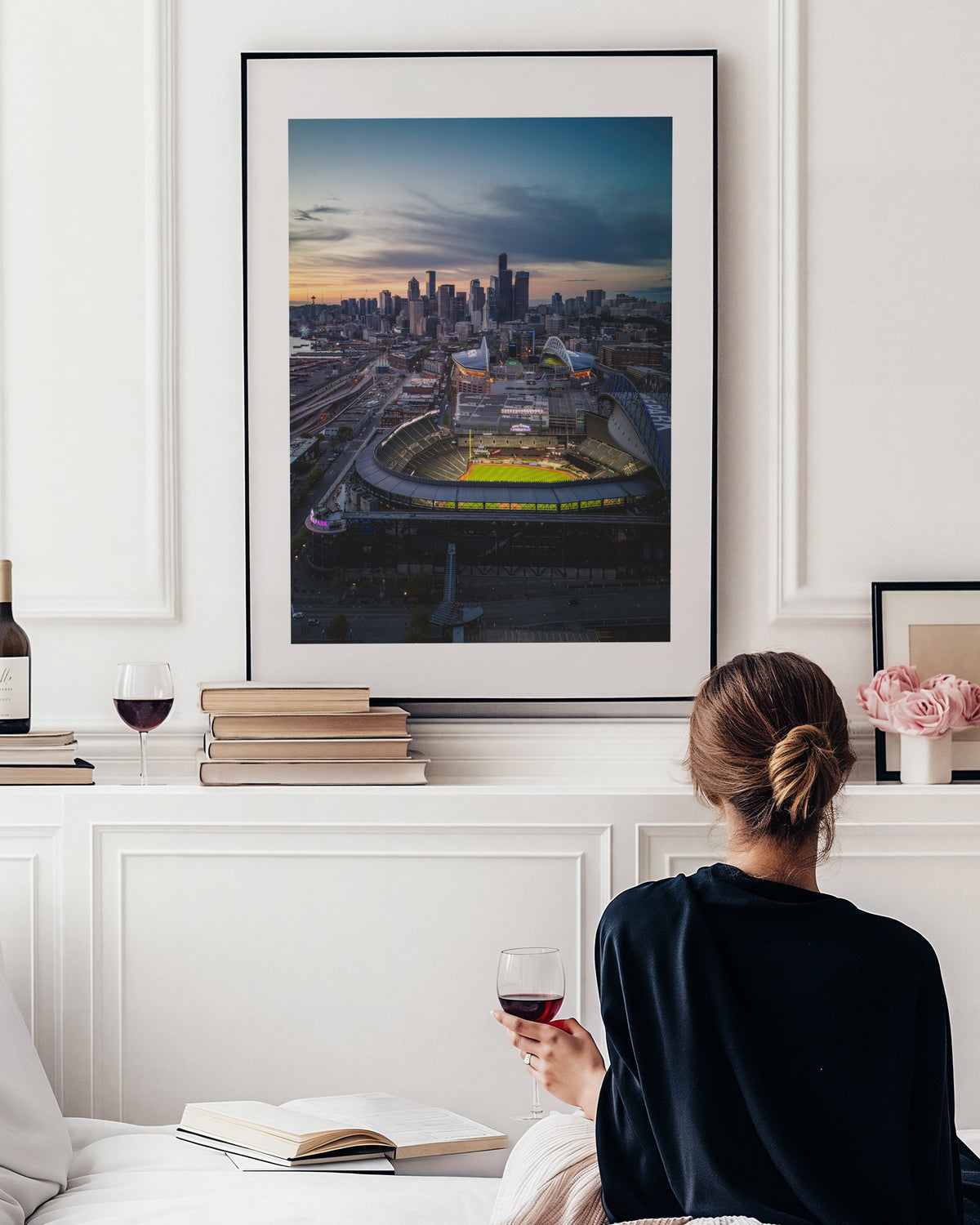 Seattle Skyline Sunset Aerial displayed in a styled room interior
