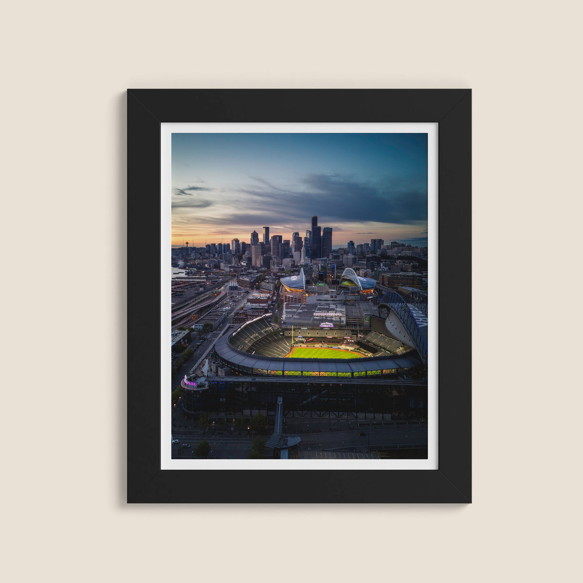 Seattle Skyline Sunset Aerial displayed in a refined room interior