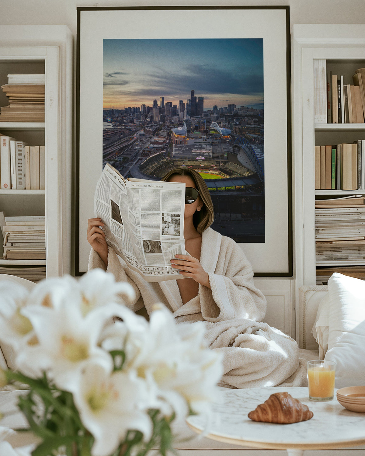 Seattle Skyline Sunset Aerial displayed in a contemporary room interior