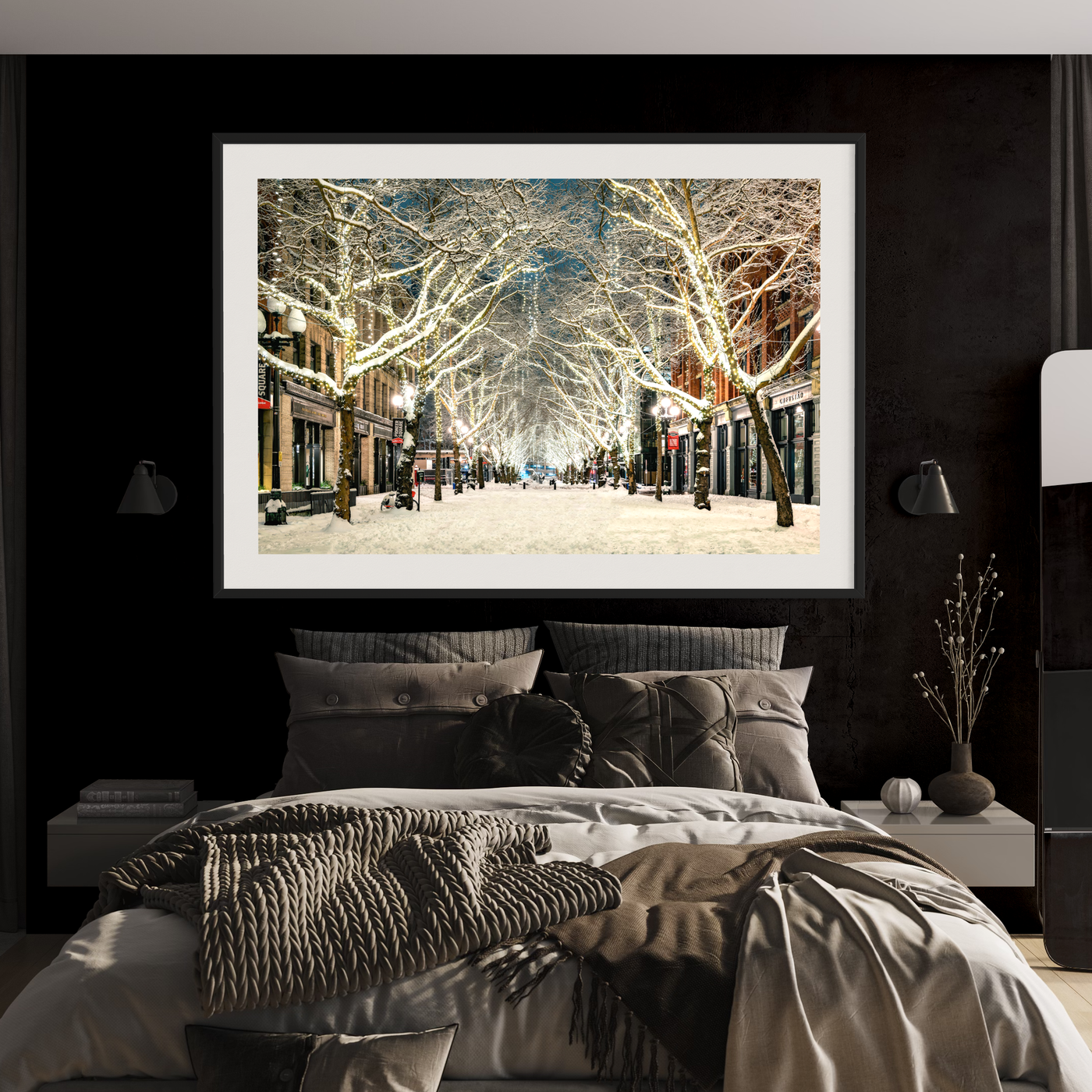 Snowy Pioneer Square Seattle Limited Edition displayed in a styled room interior