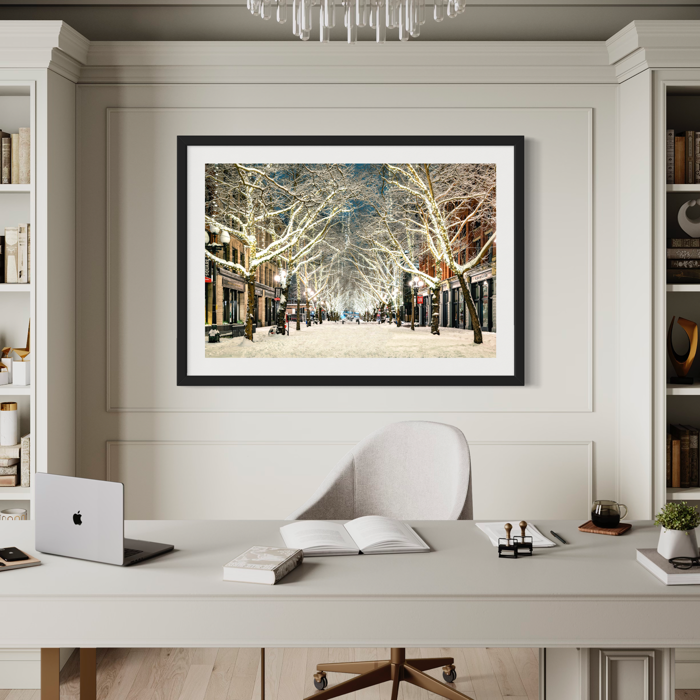 Snowy Pioneer Square Seattle Limited Edition displayed in a contemporary room interior