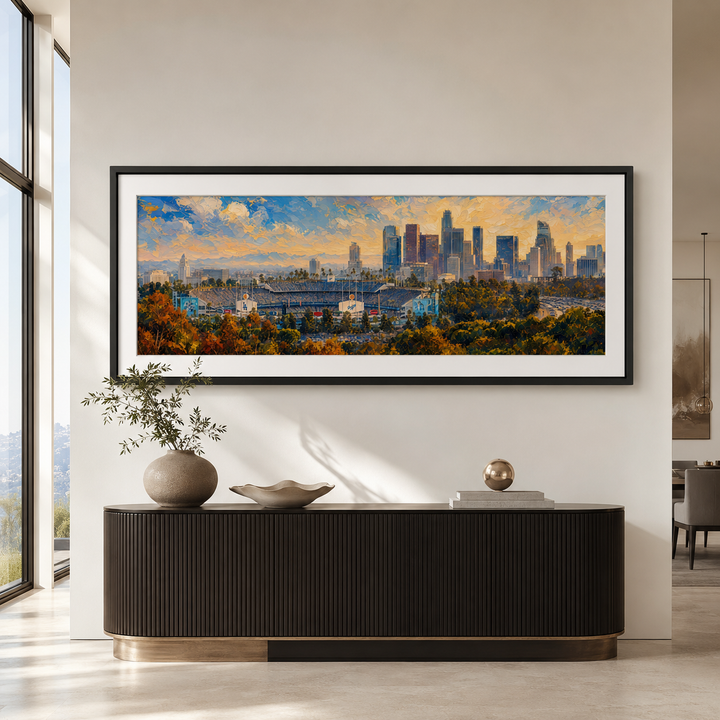 Dodger Stadium and Los Angeles skyline panoramic fine art print in a modern interior