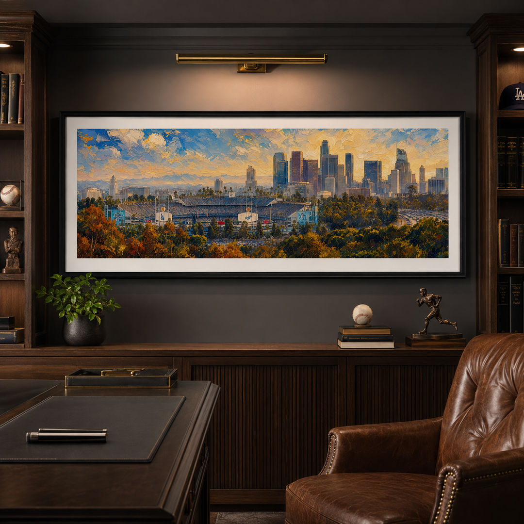 Dodger Stadium signed panoramic fine art print displayed in a luxury office