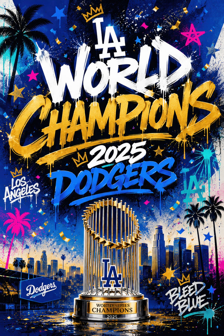Colorful Los Angeles 2025 World Champions printable wall art with skyline and trophy