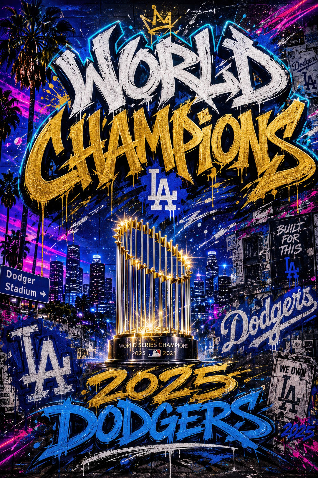 Blue and gold Los Angeles 2025 World Champions graffiti-style digital artwork