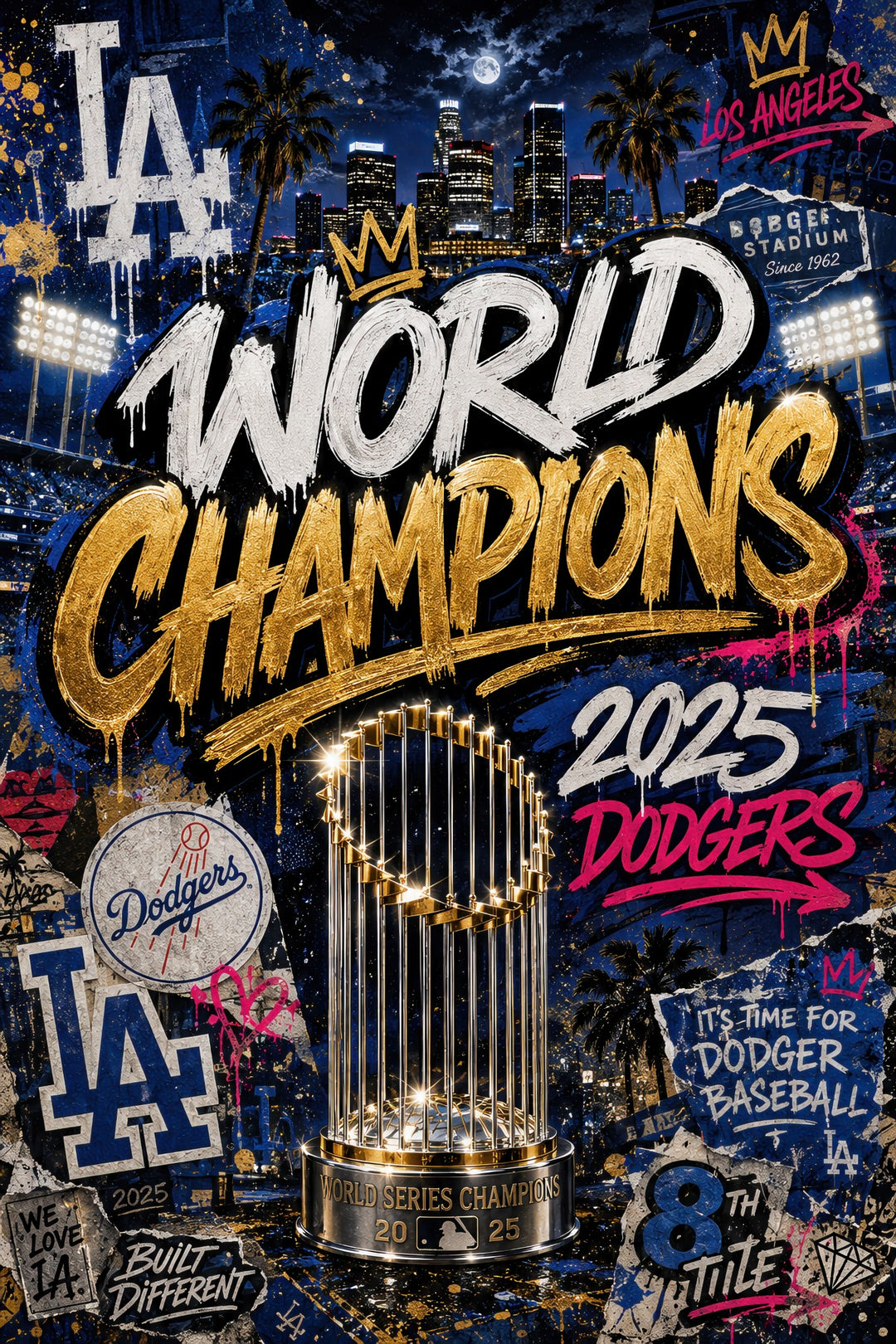 Los Angeles 2025 World Champions printable baseball fan art with trophy and stadium lights