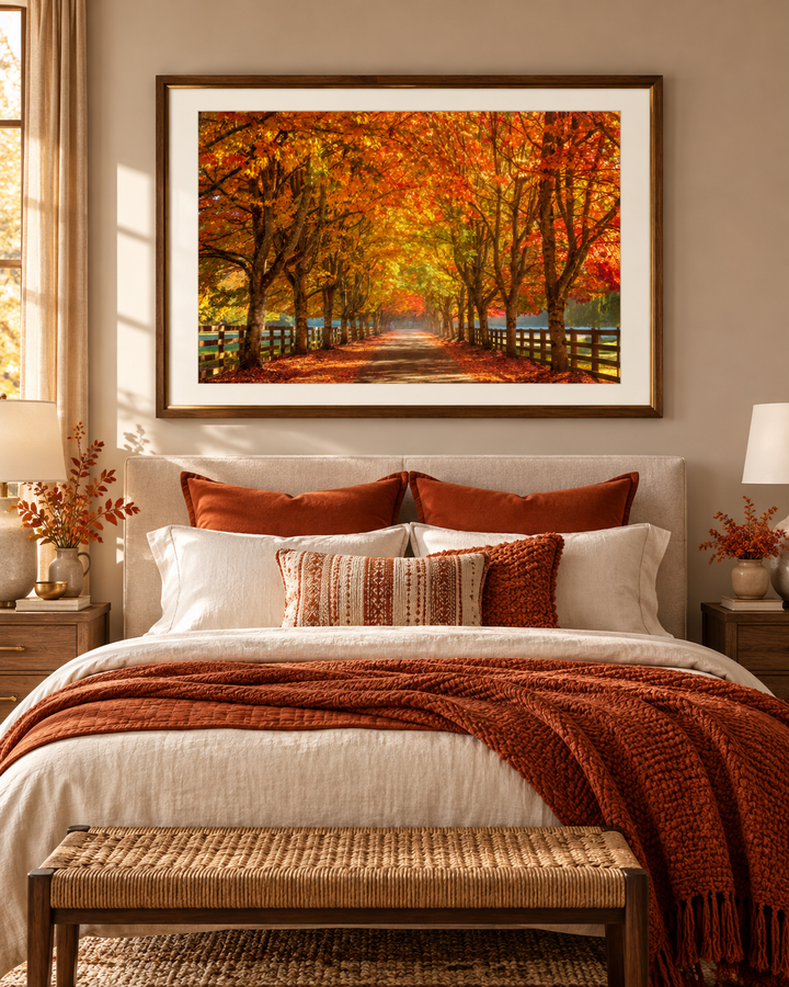 Golden Autumn Tree Tunnel horizontal 3:2 photographic wall print displayed above a cozy bedroom bed; digital room mockup, frame not included