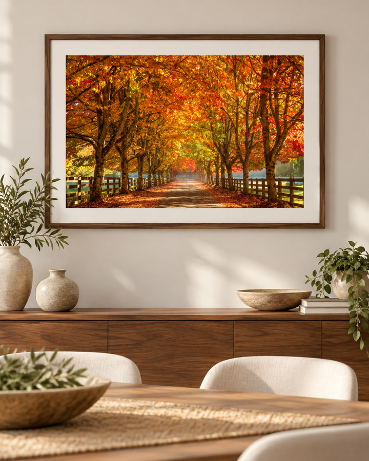 Golden Autumn Tree Tunnel 3:2 landscape wall art staged over a modern wooden sideboard in a dining area; frame not included