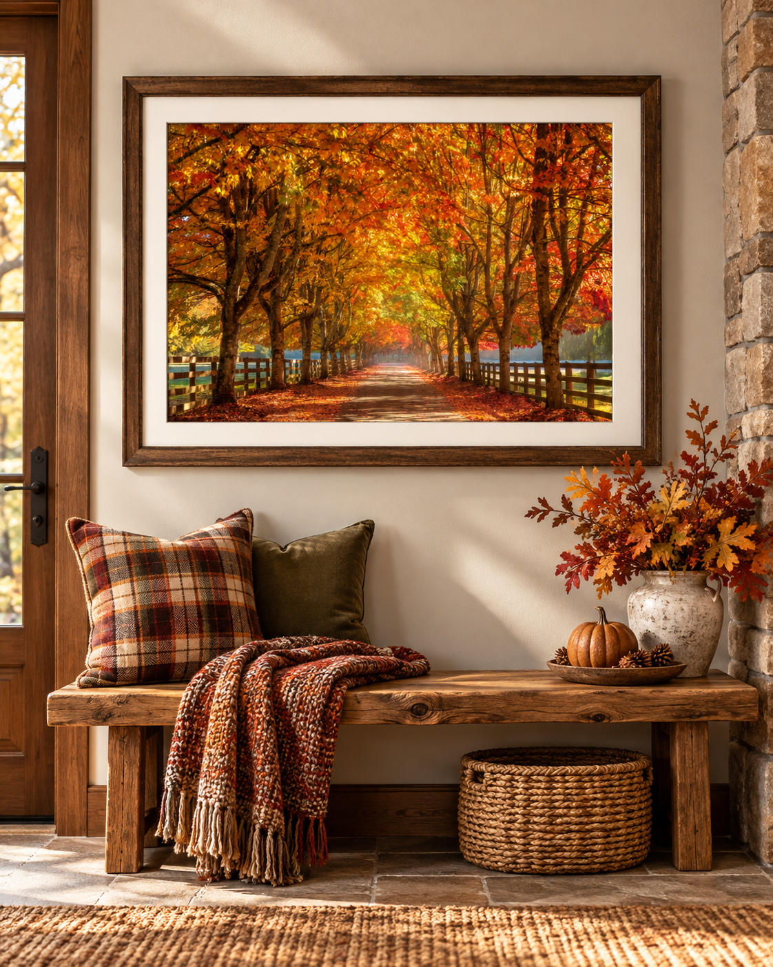 Golden Autumn Tree Tunnel 3:2 fine art photograph displayed in a rustic entryway above a wooden bench; digitally staged mockup, frame not included