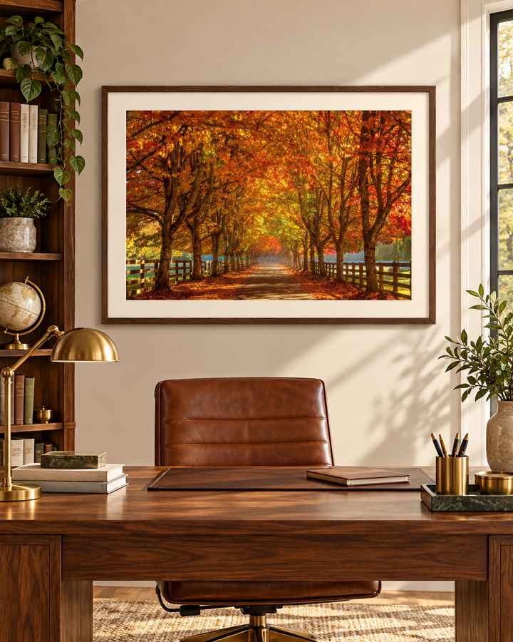 Golden Autumn Tree Tunnel 3:2 autumn landscape art framed above a wooden office desk; digital room mockup, frame not included