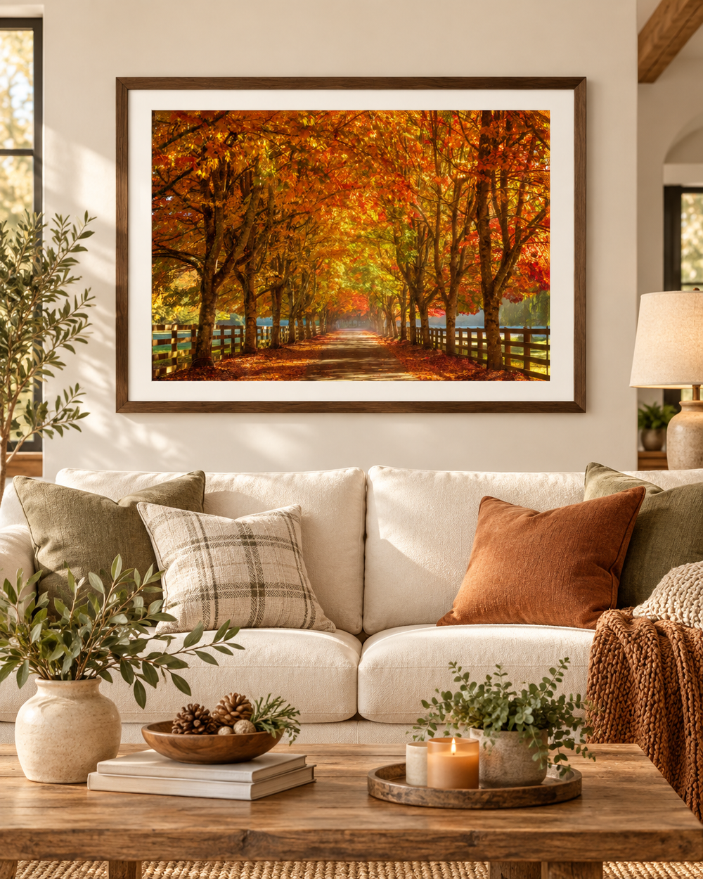 Golden Autumn Tree Tunnel 3:2 landscape fine art print shown framed above a cream sofa in a sunlit living room; digitally staged, frame not included