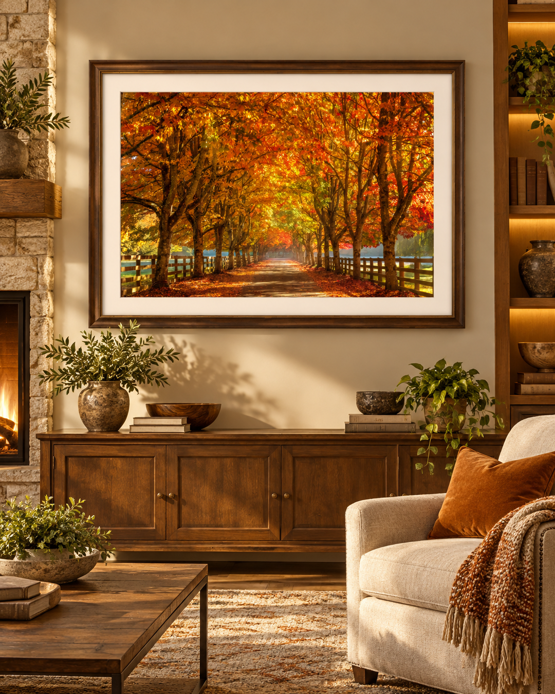 Golden Autumn Tree Tunnel 3:2 landscape photograph shown in a warm reading lounge above a wooden credenza; digital mockup, frame not included