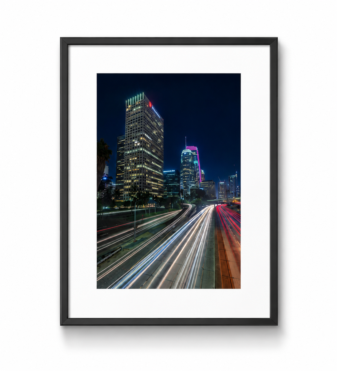 Los Angeles Night Long Exposure Fine Art Print in a black frame with white mat