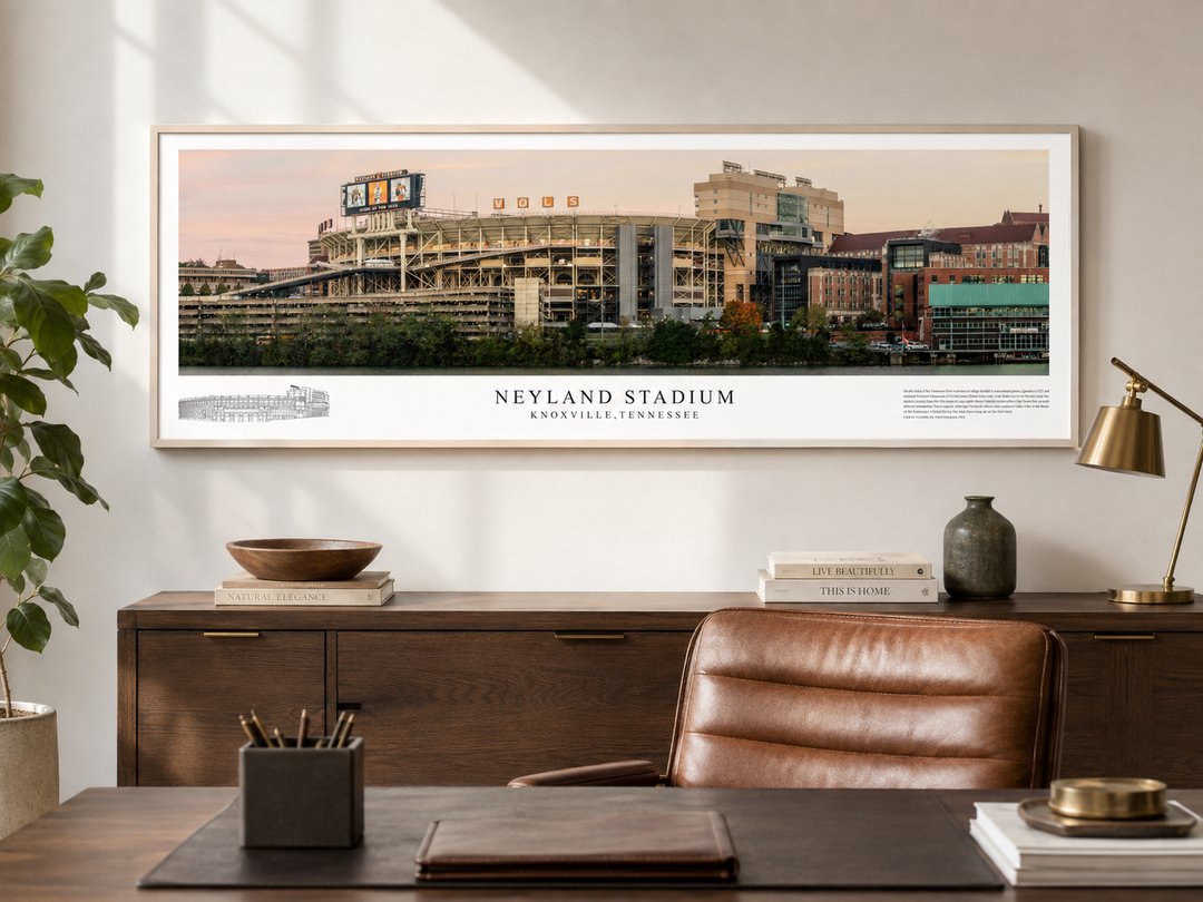 Neyland Stadium panoramic print displayed in an upscale home office