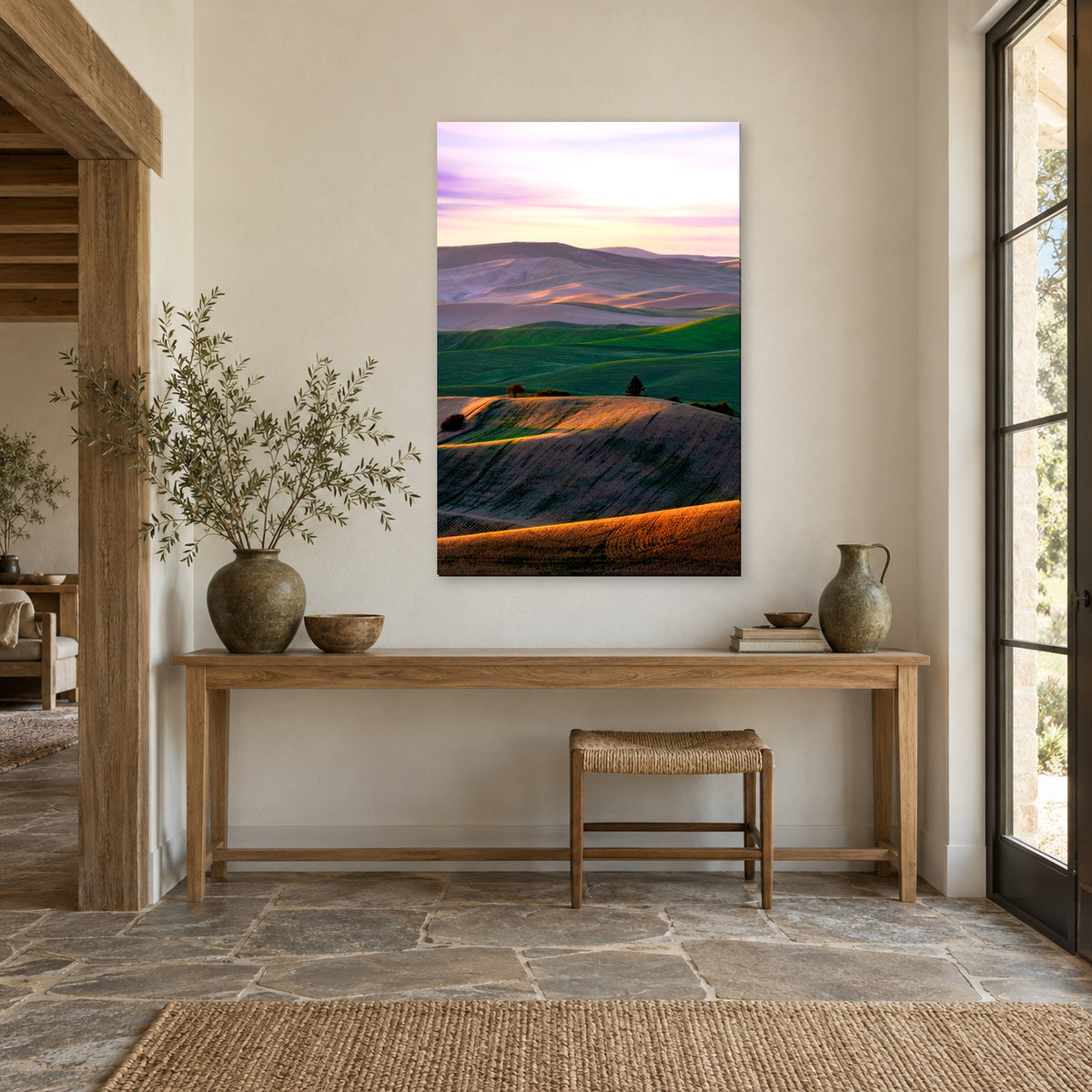 Palouse rolling hills fine art print displayed in an oak entryway, without a frame; room mockup.