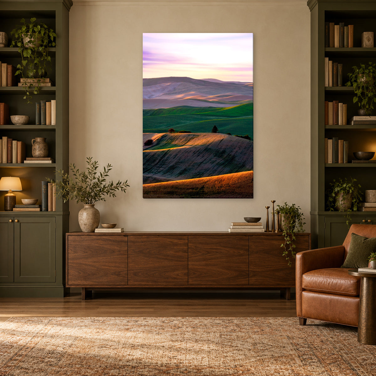 Palouse rolling hills fine art print displayed in an olive library, without a frame; room mockup.