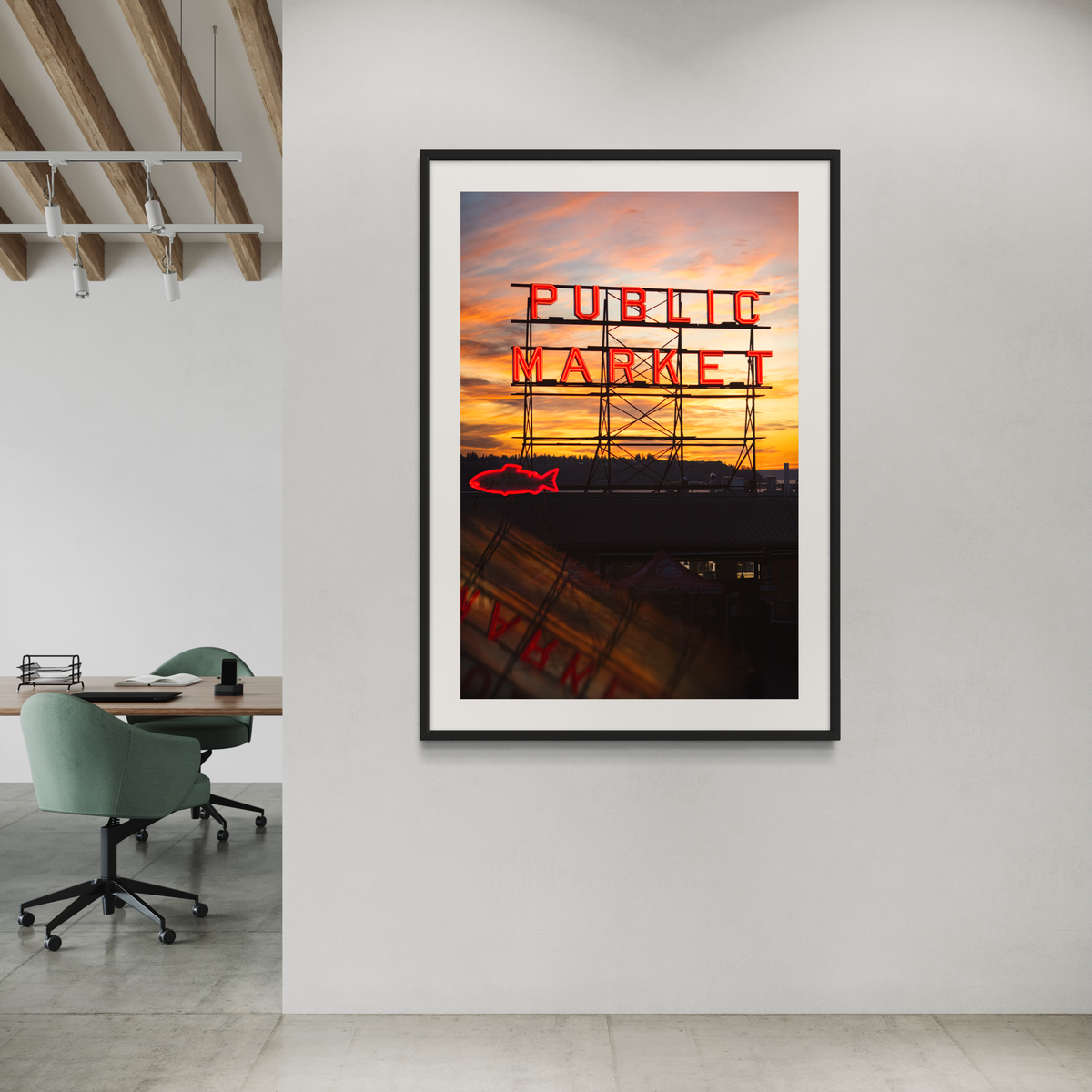 Pike Place Market Neon Sign Seattle displayed in a styled room interior
