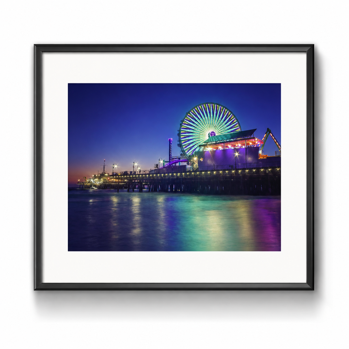 Santa Monica Pier Night Fine Art Photography Print in a black frame with white mat