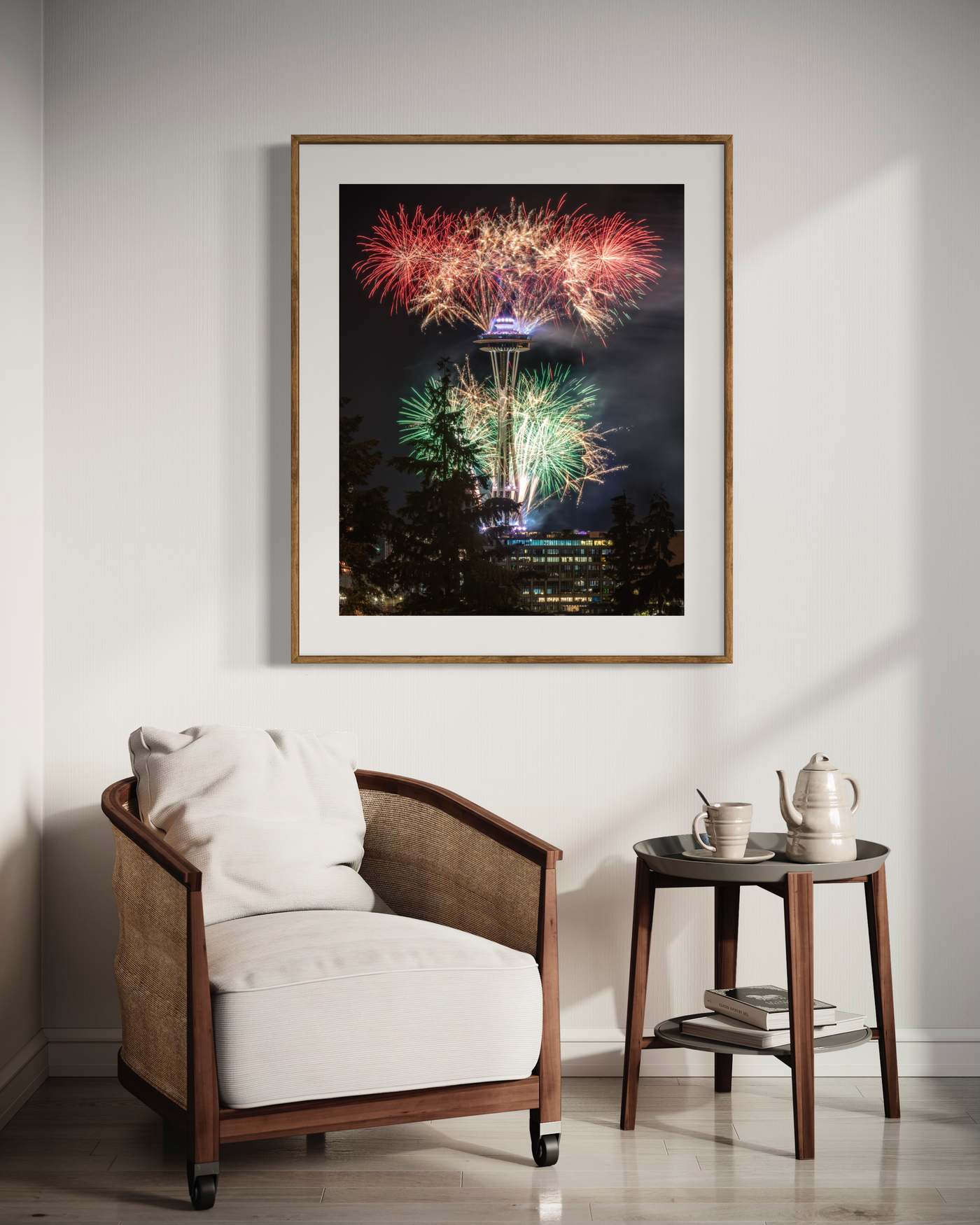 Space Needle New Year’s Eve Fireworks displayed in a modern room interior