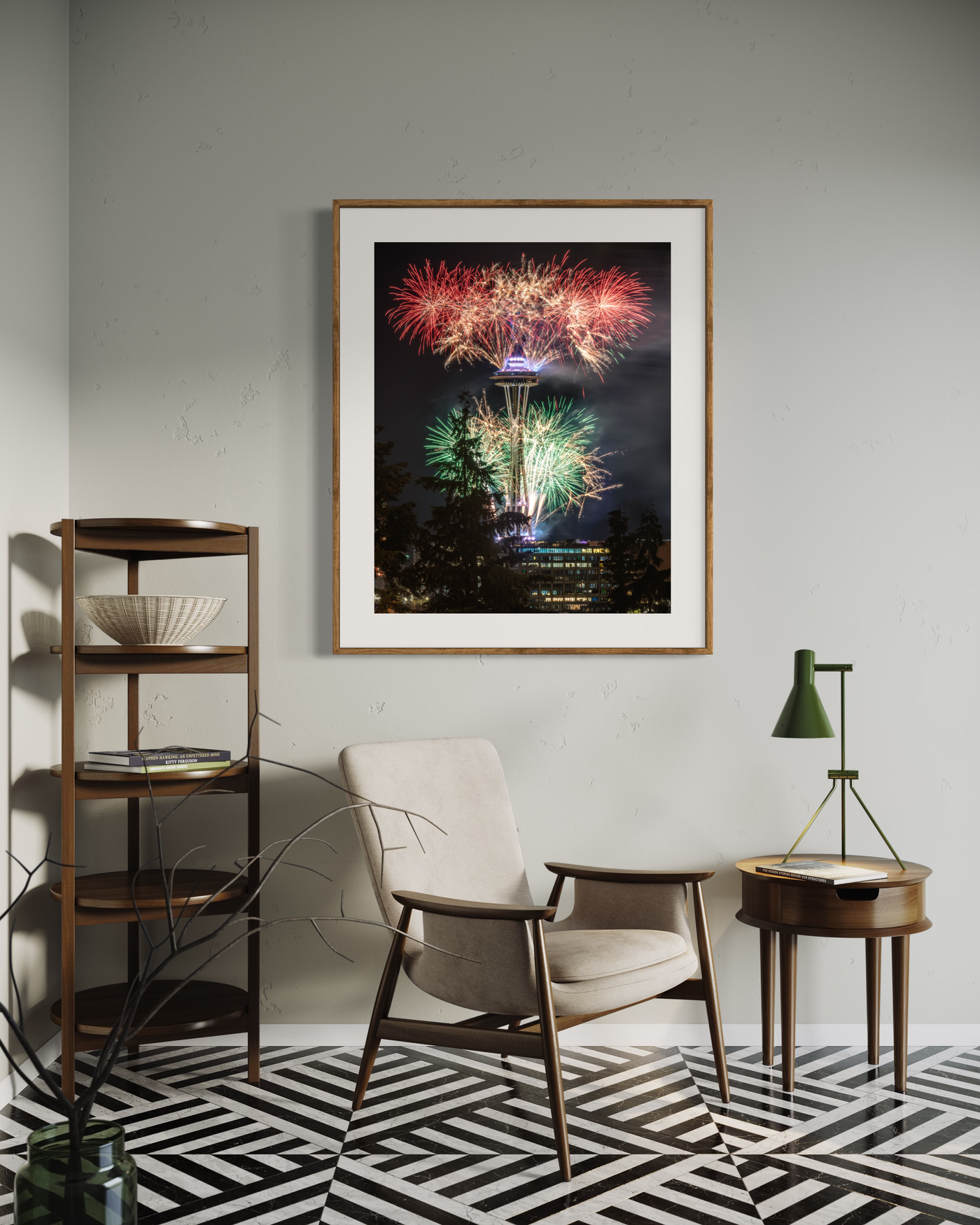 Space Needle New Year’s Eve Fireworks displayed in an elegant room interior