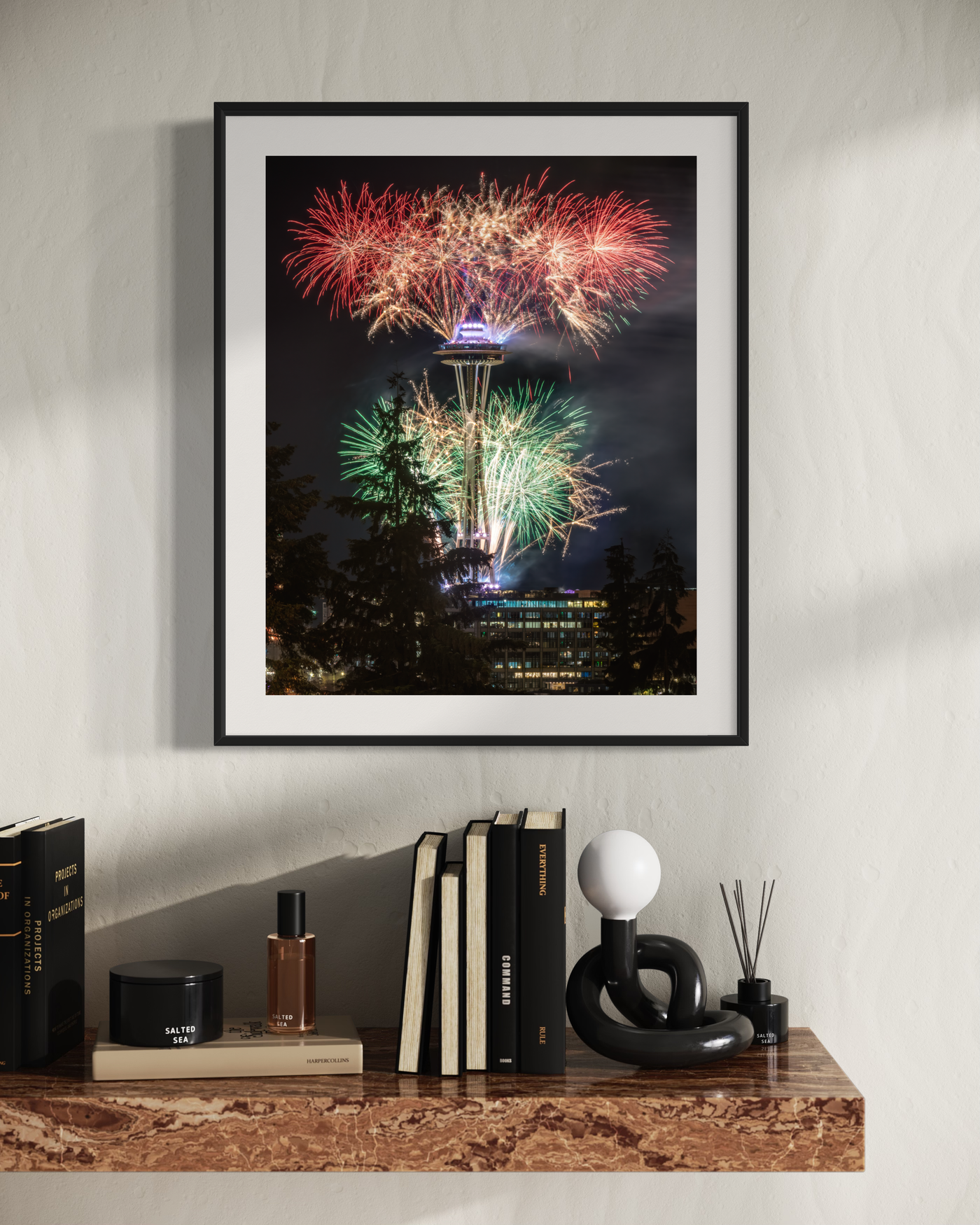 Space Needle New Year’s Eve Fireworks displayed in a contemporary room interior