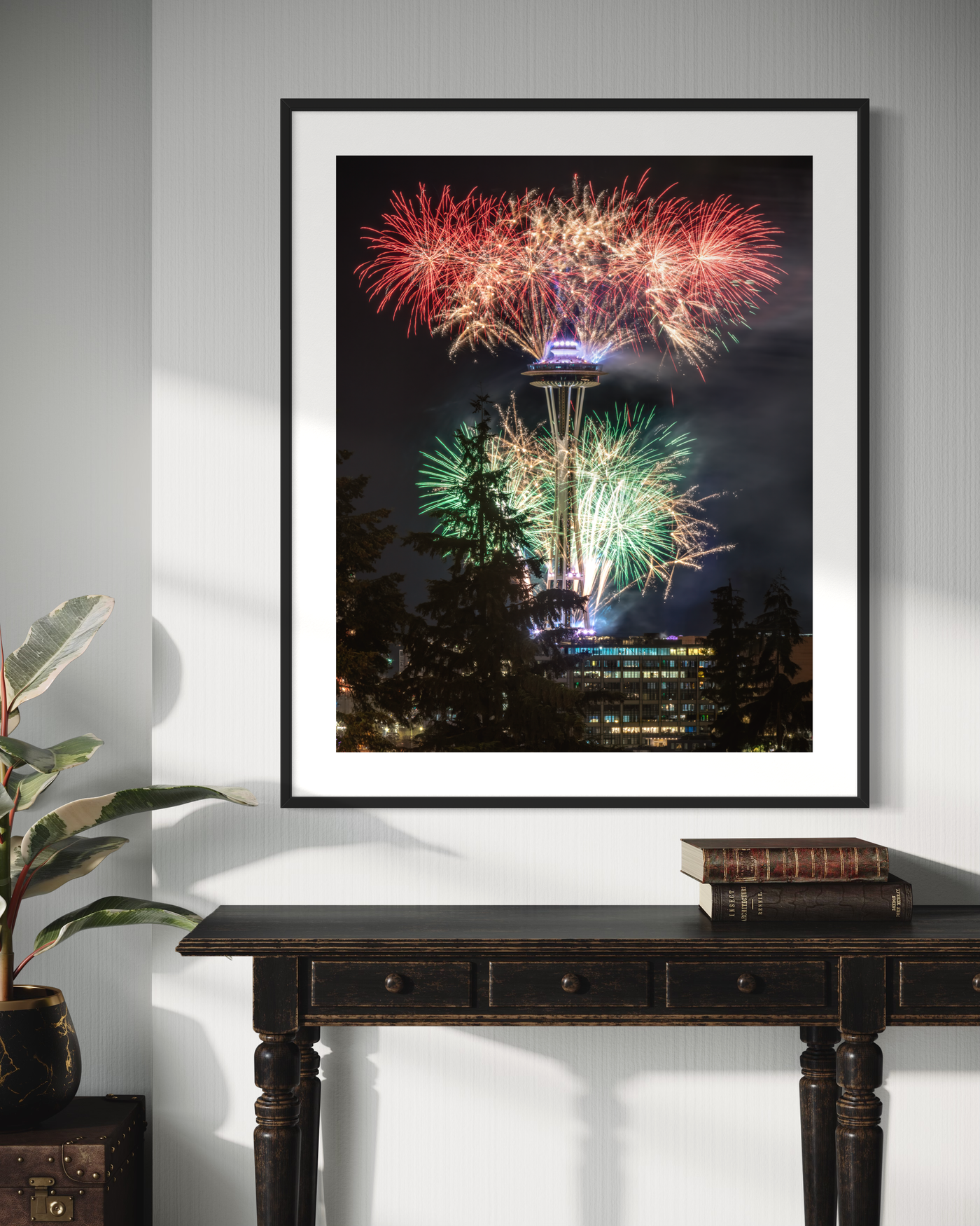 Space Needle New Year’s Eve Fireworks displayed in a styled room interior