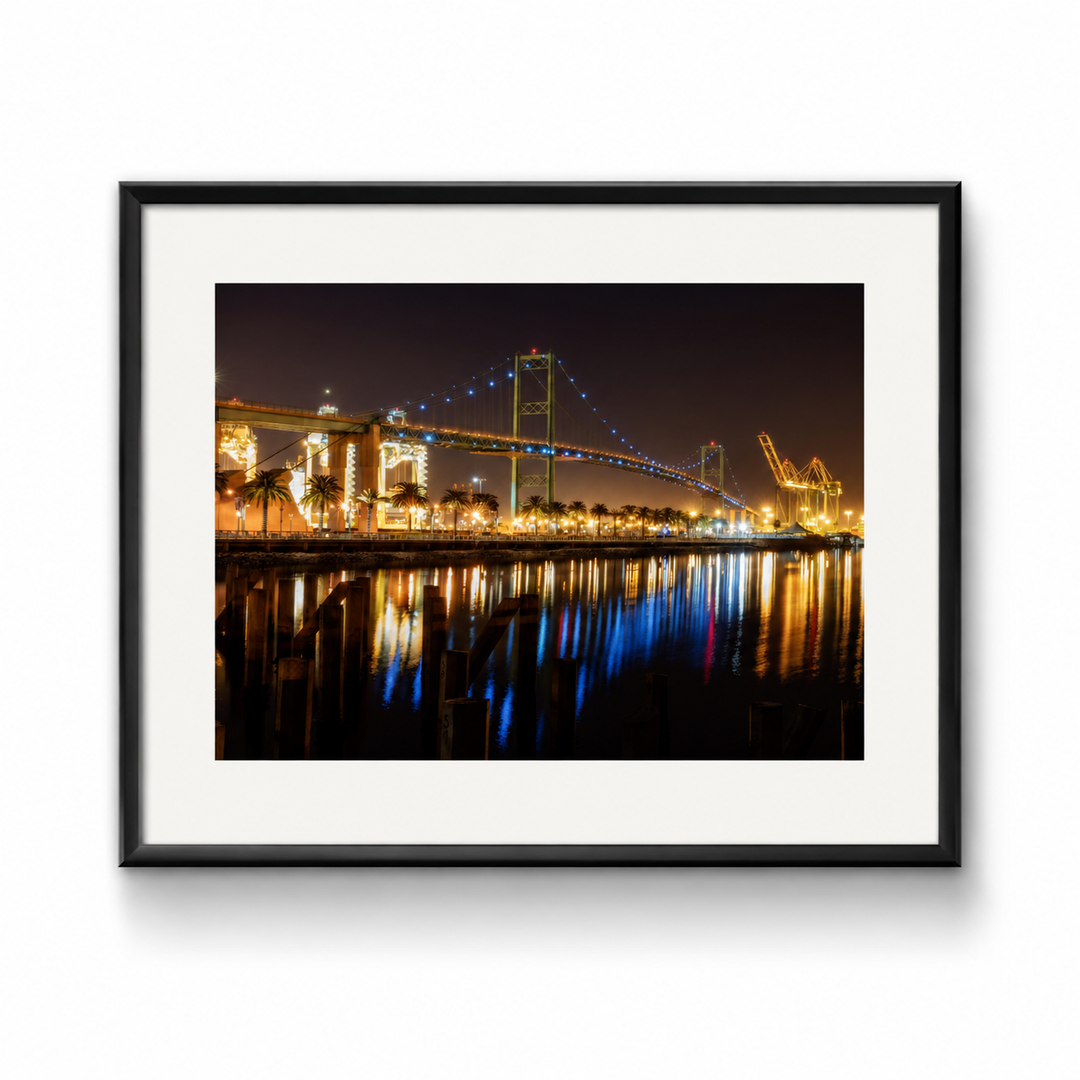 Vincent Thomas Bridge San Pedro Night Fine Art Print in a black frame with white mat