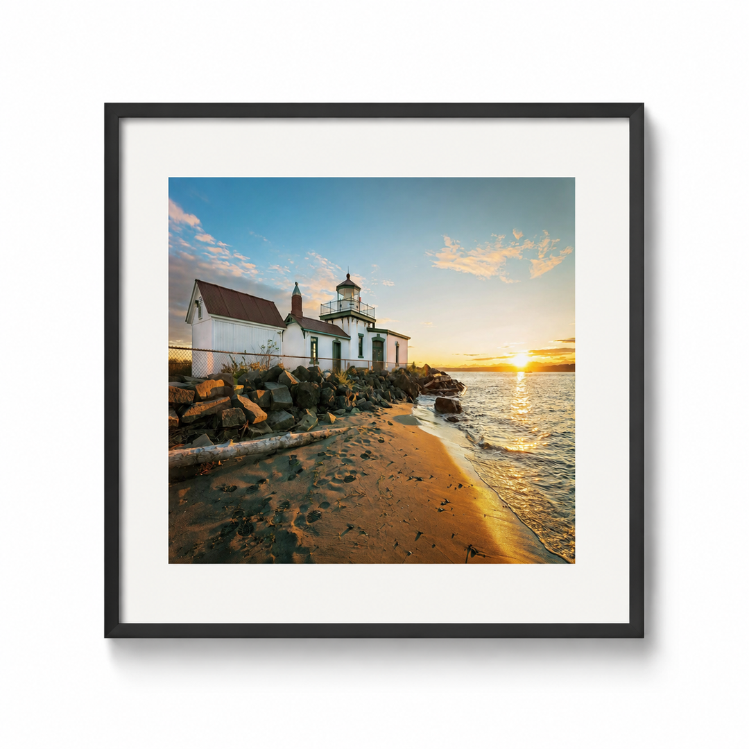 West Point Lighthouse Seattle Fine Art Print in a black frame with white mat