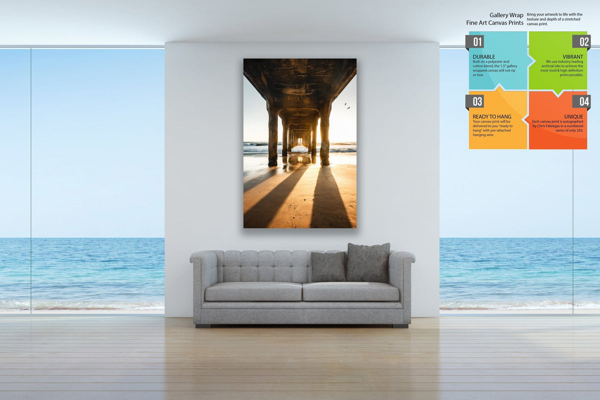 Manhattan Beach Pier Sunset Pillars displayed in a contemporary room interior