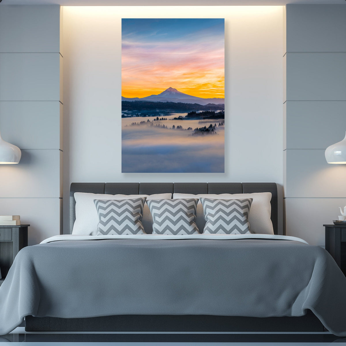 Mount Hood Sunrise displayed in an upscale interior setting