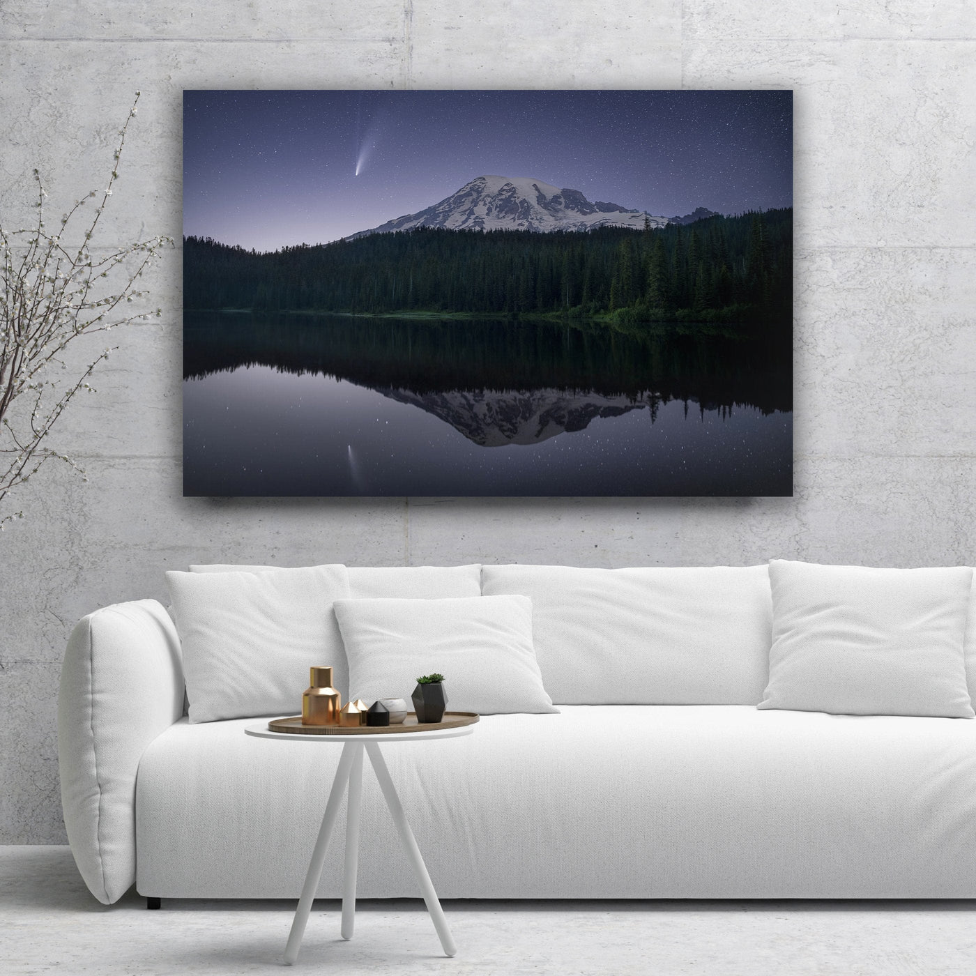 NEOWISE Comet Over Mount Rainier displayed in a styled interior